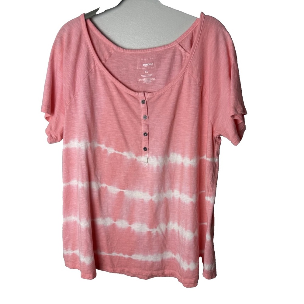 Sonoma Size XL Pink White Tie Dye Henley Top Short Sleeves Scoop Neck Casual Tee